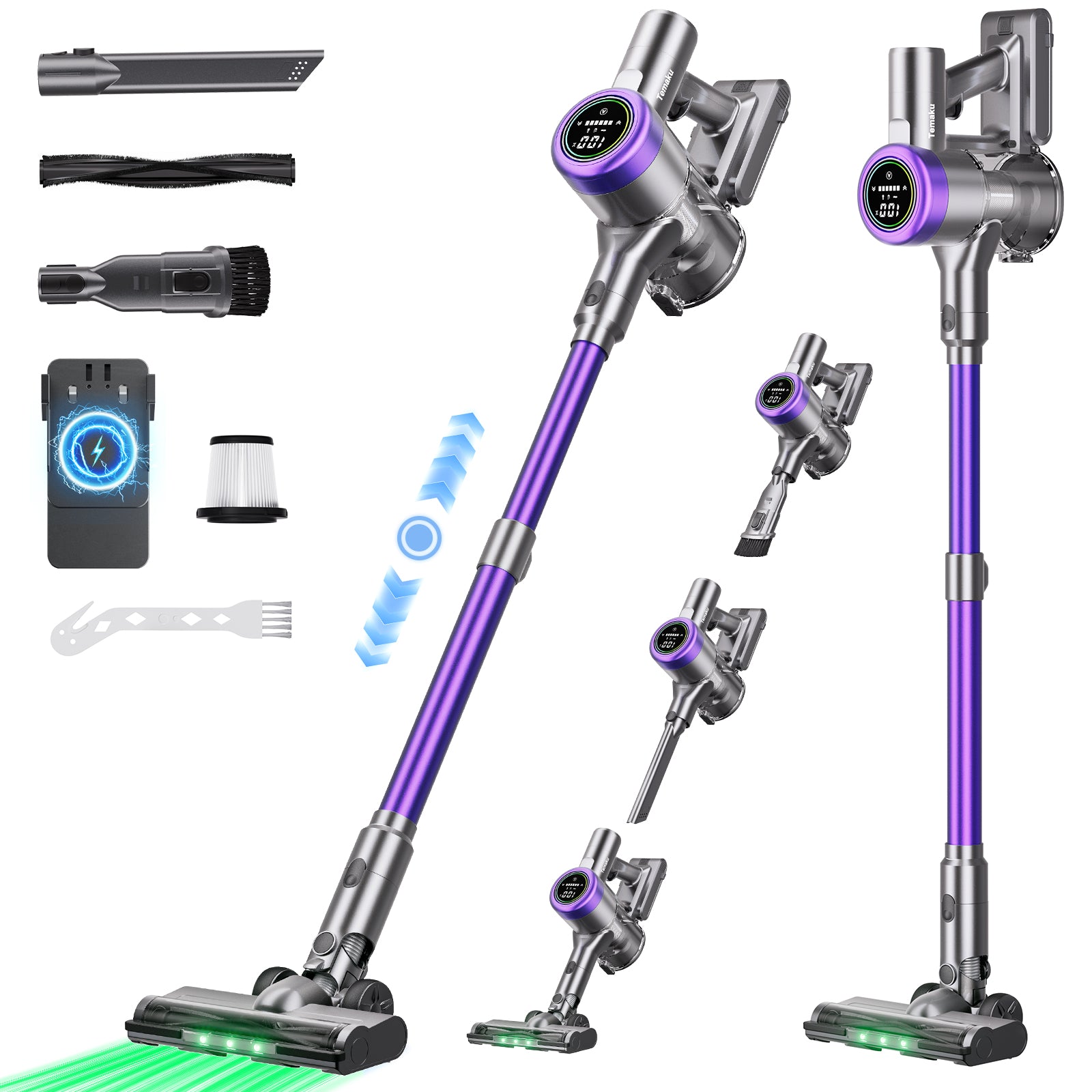掃除機 コードレス【2026年モデル先行発売！業界トップレベルの80KPa超強力吸引・65分連続稼働・自立式・低騒音・AI汚れ自動検知】 Temaku サイクロン軽量 掃除機 コードレス 伸縮型パイプ/革新版グリーンLEDライト/次世代LED液晶ディスプレイ 550Ｗ 3段吸引力絡まないヘッドHEPA多重濾過着脱式バッテリー 畳/カーペット/フローリング/ソファー/車用/隙間/3年保証