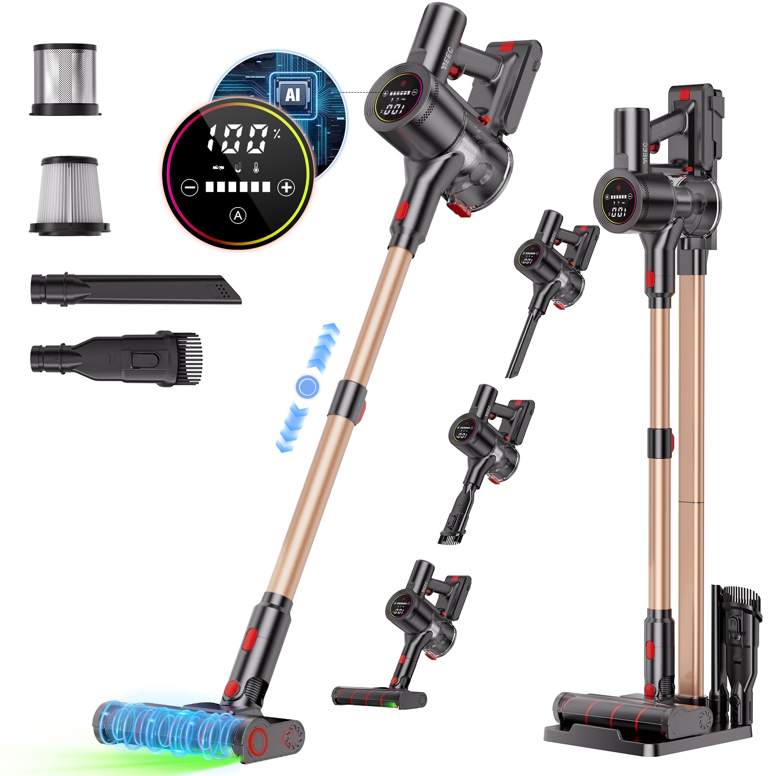 掃除機 コードレス【2026先行販売！業界初独立モーター自走式！70Kpa超強力吸引！AI吸引力自動制御＆超広角LEDライト＆第二世代LEDディスプレイ＆70分連続稼働＆革新的な8層ろ過システム】コードレス掃除機 軽量 サイクロン式 スティッククリーナー 2WAY 伸縮型パイプ 収納スタンド付 絡まないブラシ HEPA 多重濾過フィルター 大容量バッテリー 低騒音 ワンタッチゴミ捨て 2年保証